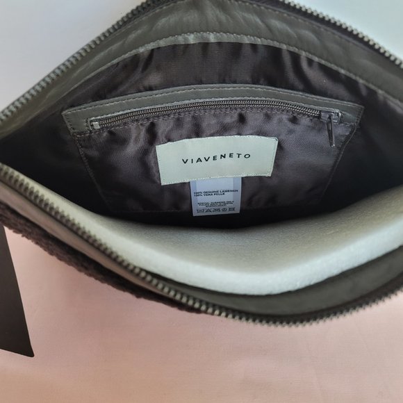 VIAVENETO Delilah Curly Lambskin Shearling Large Pouch/Wristlet- Chocolate Brown - Picture 10 of 16